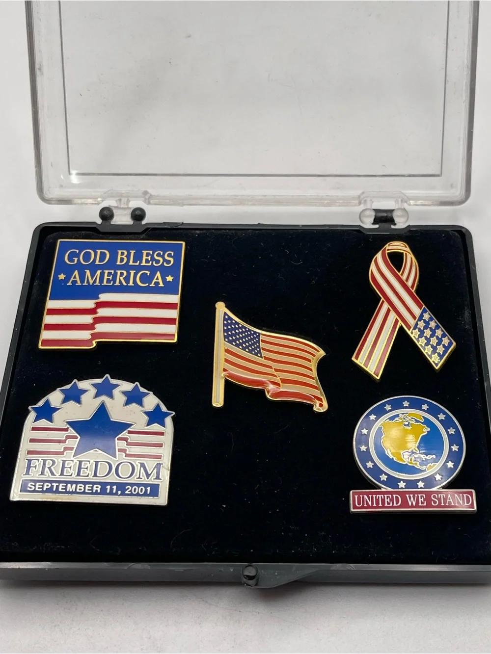 Vintage Patriotic 911 Remembrance Lapel Pin Set 5pc God Bless America Freedom